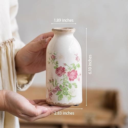 Ceramic Bud Vase 6 Inch, Small Vintage Flower Vase for Rustic Farmhouse Centerpieces, Wedding, Home,Table, Entryway, Shelf and Window Sill Decor - Rose Floral thumbnail 2