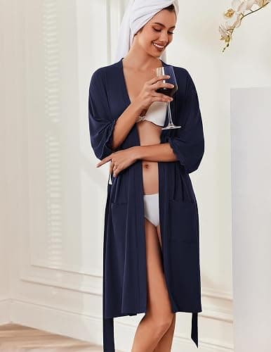Ekouaer Robes for Women Knee Length Kimono Bathrobe Lightweight 3/4 Sleeve Sleepwear Soft Loungewear with Pockets S-XXL thumbnail 3
