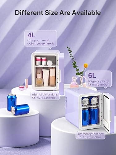 Skincare Fridge, Mini Fridge with Dimmable LED Morror, Makeup Fridge for Bedroom, Car, Office & Dorm, Cooler & Warmer, Portable Small Refrigerator for Cosmetics, Skin Care and Food (Purple, 4L/6Can) thumbnail 7
