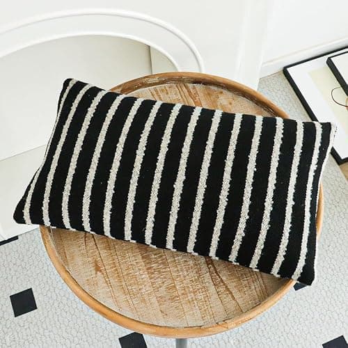 Jonhier Black Striped Lumbar Boho Throw Pillow Cover, Modern Boucle Textured Rectangle Pillowcase for Sofa Couch Bed, Neutral Farmhouse Accent Decorative Cushion Cover for Living Room, 12 x 20 inch thumbnail 7