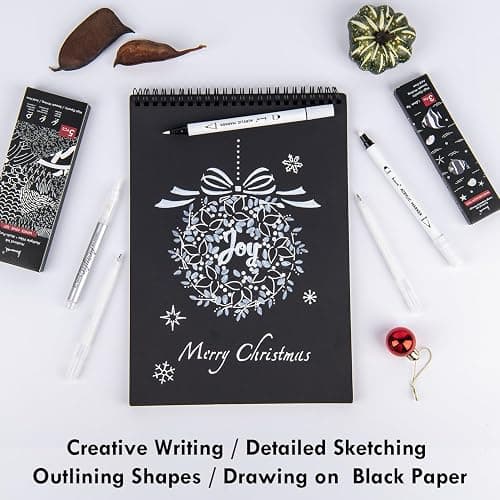 Brusarth White Pens Set, 5 Pack, 1mm White Gel Pens, Dual-Tip Acrylic Paint Pen, Brush Tip Acrylic Markers for Black Paper Drawing, Sketching, Illustration, Card Making, Bullet Journaling thumbnail 6