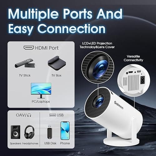 Mini Projector with WiFi and Bluetooth Built-in Apps Smart Projector Support 4K 1080P FHD 180° Adjustable Auto Keystone Compatibile with HDMI/TV Stick/Memory Stick/Laptop, White thumbnail 5
