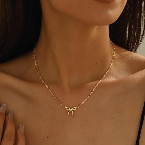 Treasure Bender Christmas Gifts Stocking Stuffers Bow Gold Necklace for Women Non Tarnish Dainty 14k Gold Plated Pendant Necklaces Trendy Cute Charm Bow Necklace Gold Jewelry for Women Birthday Gift thumbnail 9