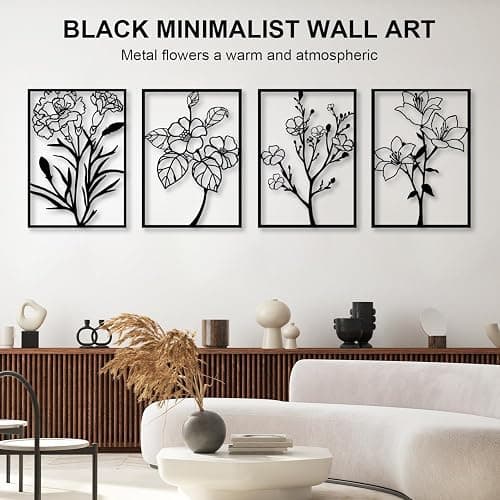 ZNZAPO 4 Pcs Black Metal Flower Wall Art, Abstract Line Art Wall Decor, Minimalist Floral Wall Hanging Art, 3d Wall Art Sculptures Decor for Living Room Bedroom Bathroom (11 × 15.7”) thumbnail 2