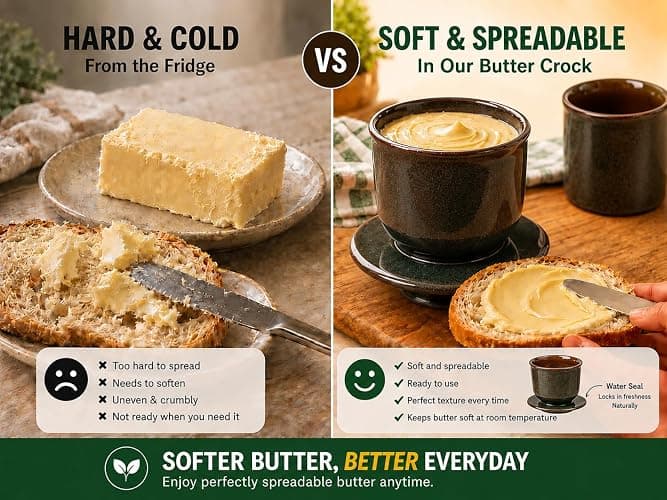 Pottery Butter crock with lid, Keeps Butter Soft & Spreadable, 6.8 oz | Rustic French Butter Crock, Water Line, Keeps Butter Soft & Spreadable thumbnail 6