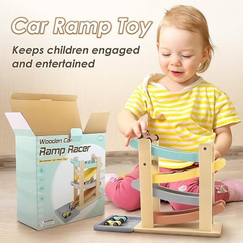 Wooden Car Ramp Toy for 1-2 Year Old Boys & Girls - Click Clack Track with 4 Mini Cars & Toy Garage thumbnail 4