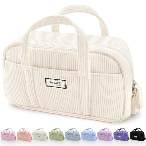 Sooez Large Pencil Case Pouch, Extra Big Pencil Bag with 5 Compartments | Pen Bag Wide Opening, Soft Corduroy Pencil Pouch Organizer with Zipper, Cute Aesthetic School Supplies for Teen Girls-Beige - Image 1