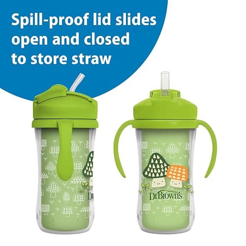 Dr. Brown's Milestones Insulated Sippy Cup with Straw and Handles, Spill-Proof Tumbler with Lid, 2-Pack, Blue & Green, 10 oz/300 mL, BPA Free, 12m+ | Insulated, with Straw, and Handles, Spill-Proof, with Lid, BPA Free thumbnail 6