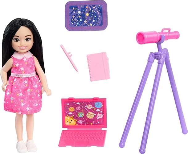 Barbie Doll & Accessories Toy Set, Chelsea Can Be Astronomer, Brunette Small Doll with 5 Science-Themed Pieces Including a Telescope - Image 1