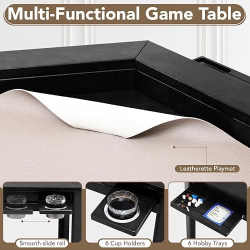 janiry Board Game Table with Removable Table Top Seats 4 to 6 Players Hexagonal Solid Wood Dining and Gaming Table Includes Play Mat, Detachable Cup Holders & Trays (Black) thumbnail 6