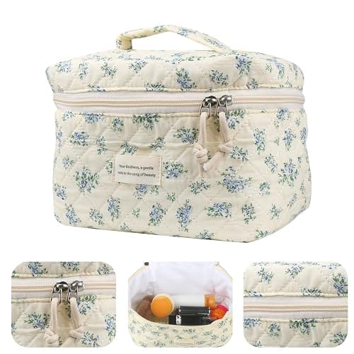 VIWIME Makeup Cosmetic Bag, Large Cotton Quilted Travel Coquette Aesthetic Cute Floral Make up Bag for Women Toiletry Bag Organizer (203- Blue Rose / 4Pcs) thumbnail 5