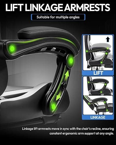 Dowinx Ergonomic Gaming Chair with Footrest, Heavy Duty 330lbs Office Chair, Massage Lumbar Support, Adjustable Height & Headrest Pillow, Comfortable for Back Pain Relief Streaming Long Gaming White thumbnail 4