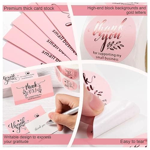 Outus 600 Pieces Thank You for Supporting My Small Business Cards and Stickers Set - Pink Gold Foil Thank You Cards for Retail Store Package Insert Envelope Seals Business Owner Sellers thumbnail 4