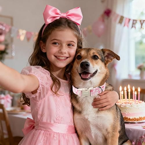 DOGWONG Pink Plaid Dog Collar-Cute Pink Bowtie Print Dog Collar, Adjustable Cotton Girl Female Pet Collar with Quick Release Buckle,S thumbnail 4