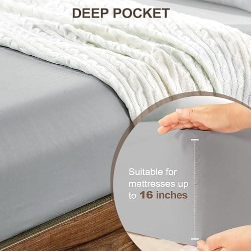 FreshCulture Full Fitted Sheet - Hotel Quality Fitted Sheet - Ultra Soft & Breathable - Brushed Microfiber - Deep Pocket - Cooling Fitted Sheets for Full Size Bed (Light Grey) thumbnail 4