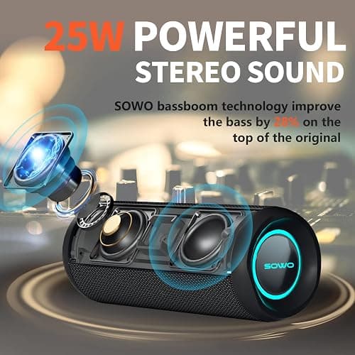 Wireless Portable Speaker,IPX7 Waterproof Bluetooth Speaker, 25W Loud Stereo Sound, Bassboom Technology, TWS Pairing, Built-in Mic, 16H Playtime with Lights for Home Outdoor - Black - Black thumbnail 2