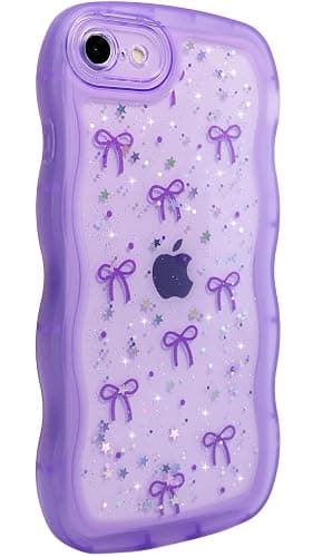 Qokey for iPhone SE(2020/2022) & 8/7 Case - Glitter Star & Curved Edge Handle Grip Design, Military-Grade Shockproof Clear TPU Cover, Sparkle Protection + Scratch-Resistant, Holographic Purple Bow thumbnail 3
