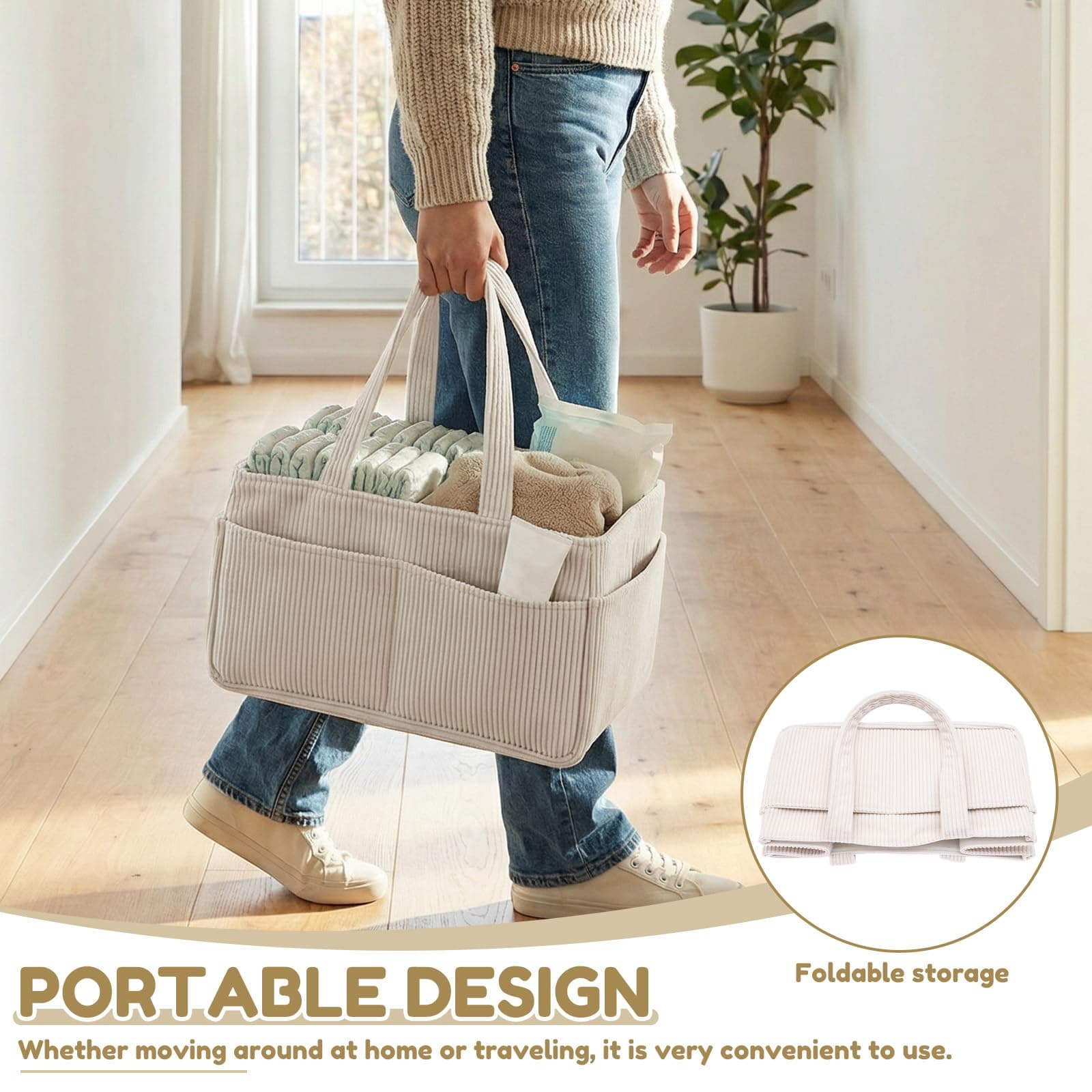 Baby Diaper Caddy Organizer Portable Soft Corduroy Diaper Storage Basket with Handle Nappy Caddy Storage Basket for Nursery Baby Shower Newborn thumbnail 8
