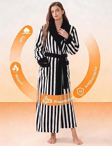 ACTCHIC Womens Striped Fluffy Robe Long Plush Robes Warm Fuzzy Bathrobe | Thermal Robe,Shawl Collar,Belted,Patch Pockets,Wrapped, Loungwear,Shower,Housecoat,Color Block,Cozy thumbnail 2