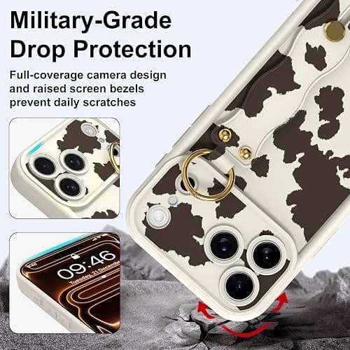 Jefonha Cute for iPhone 17 Pro Max Case with Strap Stand, Brown Milk Cow | Aesthetic Cow Animal Print, Adjustable Finger Hand Grip Holder, Kickstand Function, Durable Silicone Protective Cover thumbnail 5