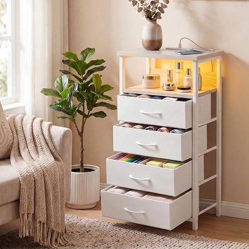 Fixwal Night Stand with Charging Station, White Led Nightstand, 4 Drawers | fabric drawer, built-in bedside charger, 2 AC outlets & 2 USB ports, open top shelf, bedroom furniture, end table thumbnail 6
