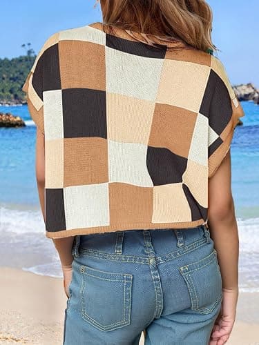 Girls Crop Sweater Tops School Picture Outfits Fashion Summer Fall Cute Cap Sleeve Colorblock Loose Teen Top thumbnail 3