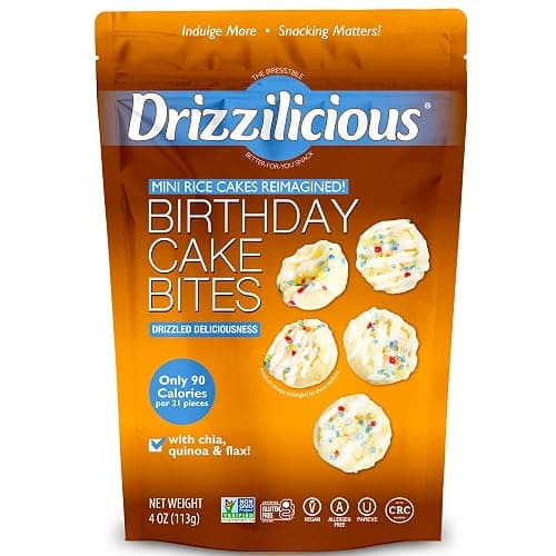 Drizzilicious Mini Flavored Rice Cakes Birthday Cake - Rice Crisps, Healthy Snack for Adults and Kids, Vegan, Gluten Free Snack, Allergen Free, Only 90 Calories Per 21 Pieces - 4 oz (Pack of 1) - Image 1