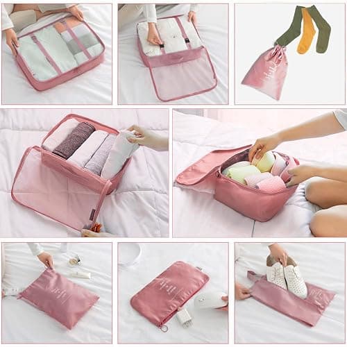 8 Pieces Mesh Packing Cubes for Travel, Luggage Packing Organizers Bags Set, Travel Essentials Suitcases Accessories with Laundry Bag, Storage Shoe Bag, Clothing Underwear Bag (Pink, 8 set) thumbnail 5