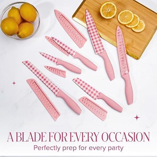 Paris Hilton Kitchen Knife Set, Stainless Steel Blades with Ergonomic Soft Touch Handles and Blade Guards, Gingham Design, 12-Piece, Pink thumbnail 3