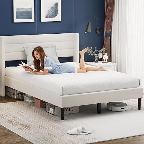 Casaottima Queen Bed Frame Upholstered Platform Bed with Wingback Headboard, Wooden Slats Support, Noise-Free Mattress Foundation, No Box Spring Needed, Easy Assembly, Horizontal Stripe Cream White thumbnail 3