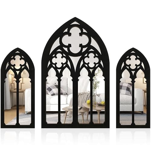 3Pcs Gothic Mirrors Wall Decor, 11.8" Arched Decorative Mirror Wall Mounted Goth Room Decor Vintage Cathedral Window Mirror Indoor Wood Framed Entry Mirror Living Room Bathroom (Model D (3 flowers)) - Image 1