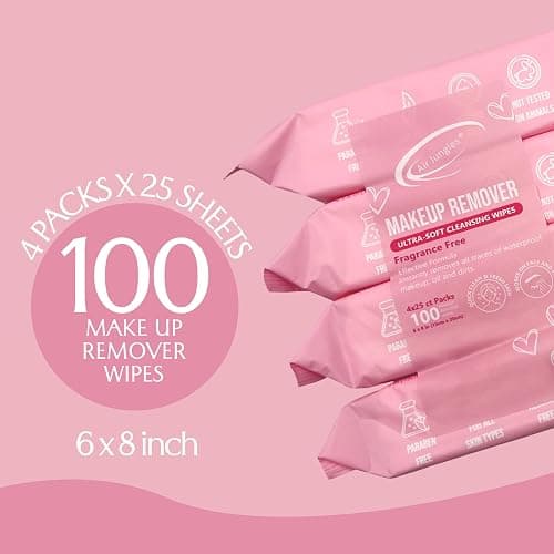 Air Jungles Makeup Remover Wipes 25 Count (Pack of 4), Alcohol-Free & Fragrance-Free, Extra Large Facial Towelettes for Face & Eyes, Removes Waterproof Makeup, Infused with Vitamin E thumbnail 2