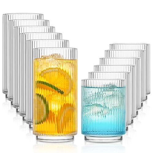 INSETLAN Ribbed Drinking Glasses Set of 12 – 6 Highball Glasses 12oz, 6 Rocks Cocktail Glasses 8oz – Everyday Glassware, Glass Cups for Iced Coffee, Cocktails, Whiskey, Water & Beer, Stackable - Image 1