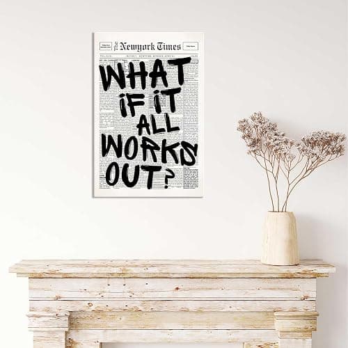 Drimiler Retro Black And White Newspaper Poster What If It All Works Out Canvas Wall Art Positive Affirming Quote Minimalist Prints Painting For Home Bedroom Dorm Wall Decor 16x24in Wframed thumbnail 6