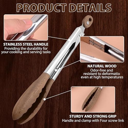 Wooden Tongs for Cooking & Serving Food, Stainless Steel Salad Tongs with Walnut Wood Tip, Anti-Slip Long Handle Wooden Kitchen Tongs Heat Resistant, Smooth Locking & Hanging Cooking Utensils Set of 2 thumbnail 6
