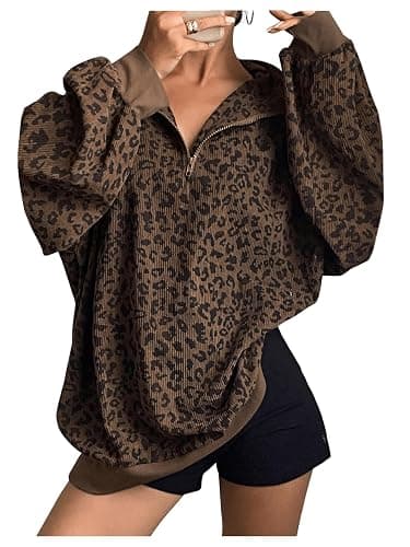 SweatyRocks Women's Leopard Print Oversized Sweatshirt Quarter Zip Collar Long Sleeve Pullover Tops - Image 1