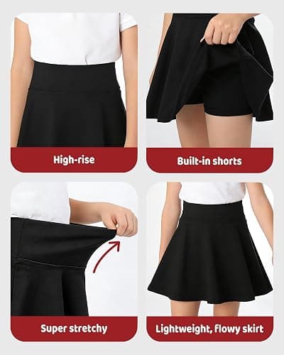 KAKU NANAU Girls‘ Black High-Waisted Skort Tennis Skirt 7-14 Years,Elasticated Quick Dry Sport School Skirt with Built-in Shorts Summer(No Pockets) thumbnail 4