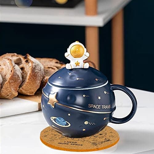 Yalucky Kawaii Astronaut Cup Space Embossed Planet Mug, Cute Ceramic Coffee Mug, Novelty Mug with Lid and Spoon for Coffee, Tea, Milk, Aesthetic Room Decor Funny Gift for Girl Boy Women (Dark blue) thumbnail 8