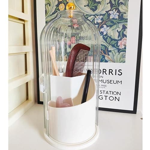 TOOCA BEAR Makeup Brush Holder Organizer 360°Rotating Cosmetic Tools Holder with Lid Sliding Door Dustproof&Waterproof for Vanity Bathroom Bedroom,Transparent thumbnail 3