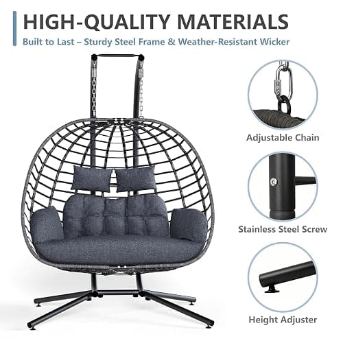 SWITTE Double Egg Swing Chair with Stand, Outdoor Patio 2 Person Hanging Wicker Hammock Chairs with Cushion for Indoor Bedroom, Lawn, Garden-Dark Grey thumbnail 6