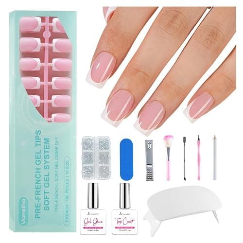 Vansiho Pink French Gel Nails Kit - Short Square French Tip Press on Nails, Nail Gel, Top Coat and Nail Lamp for Gift and Nail Art DIY - Image 1