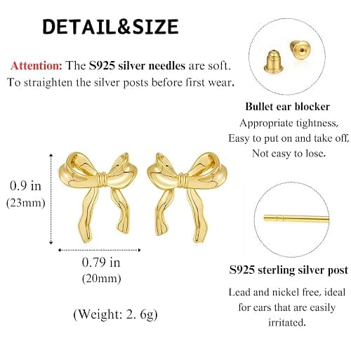 BLISI Gold Bow Earrings Silver 925 Sterling Silver Post Bow Stud Earrings Gold Dangle Bow Earrings Gold and Silver Bow Earrings for Women Hypoallergenic thumbnail 5