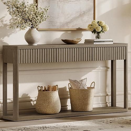 SICOTAS Entryway Table with Storage, 60.74" W Console Table with 3 Fluted Drawers and Shelf, Modern Narrow Long Accent Sofa Table Behind The Couch for Hallway, Entrance, Living Room, Foyer, Grey Alder - Image 1