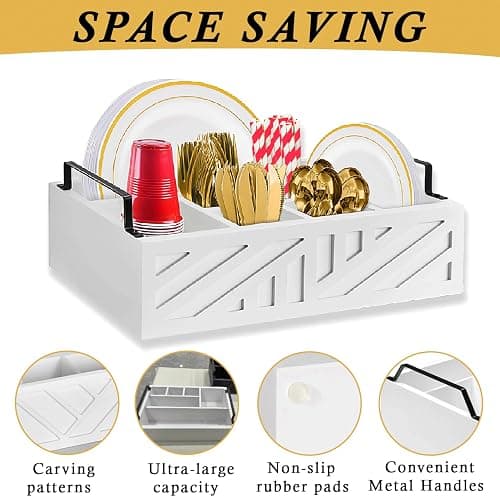 Ihdāt Paper Plate Dispenser, Paper Plate Holder for Kitchen Counter, Wood Rustic Silverware Utensil Caddy, Flatware Organizer with 6 Compartments- Plate Caddy for Picnic and Kitchen (White) thumbnail 6