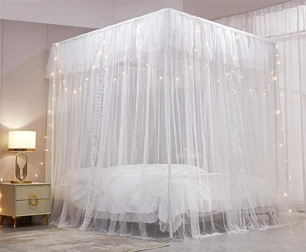 HUOQOU Baldaquin Princesse avec Volants Ciel de Lit Rectangulaire à 4 Ouvertures Moustiquaire Double Couche pour Chambre de Fille Décoration Romantique Doux et Respirant (Blanc,1,35W x 2l x 2,1H(m)) thumbnail 3