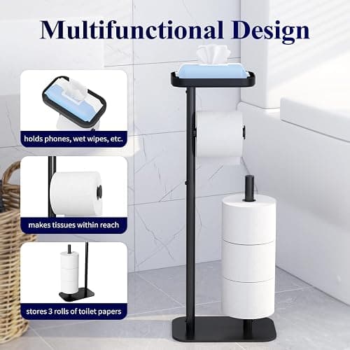 Kitsure Toilet Paper Holder Free Standing – Rustproof Metal Toilet Paper Stand for 4 Rolls with Anti-Slip Base and Shelf for Phone & Small Items, Bathroom Organizers and Storage, Medium, Black thumbnail 5
