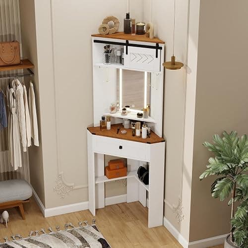 ARTETHYS Small Vanity Desk Set with Lights and Mirror Makeup Vanities with Drawers for Corner Space White Farmhouse Make up Dressing Table with Storage Stool for Bedroom thumbnail 8