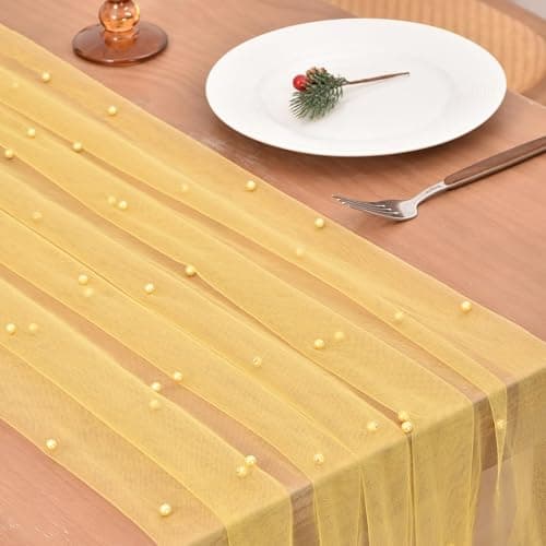 Joanlody Pearl Table Runner 10ft Rustic Boho Tulle Runner with Pearls for Baby Shower Wedding Party Veil Dessert Table Decor Yellow thumbnail 5