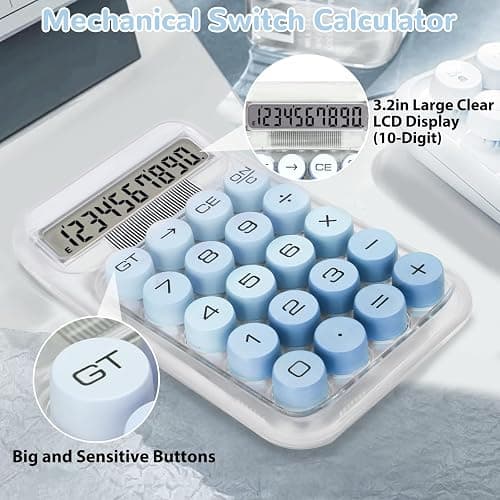 HUTUDD Cute Calculator, Mechanical Switch Calculator, Calculators Desktop 10 Digits, Desk Calculators with Big Buttons and LCD Display, Battery Power, Ideal for School Home Office Basic(Blue) thumbnail 4