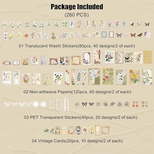 260PCS Vintage Journaling Scrapbooking Supplies Scrapbook Sticker Paper Ephemera Pack for Bullet Junk Journal Planners Collage Craft Notebooks Album (Flowers and Butterflies) thumbnail 2